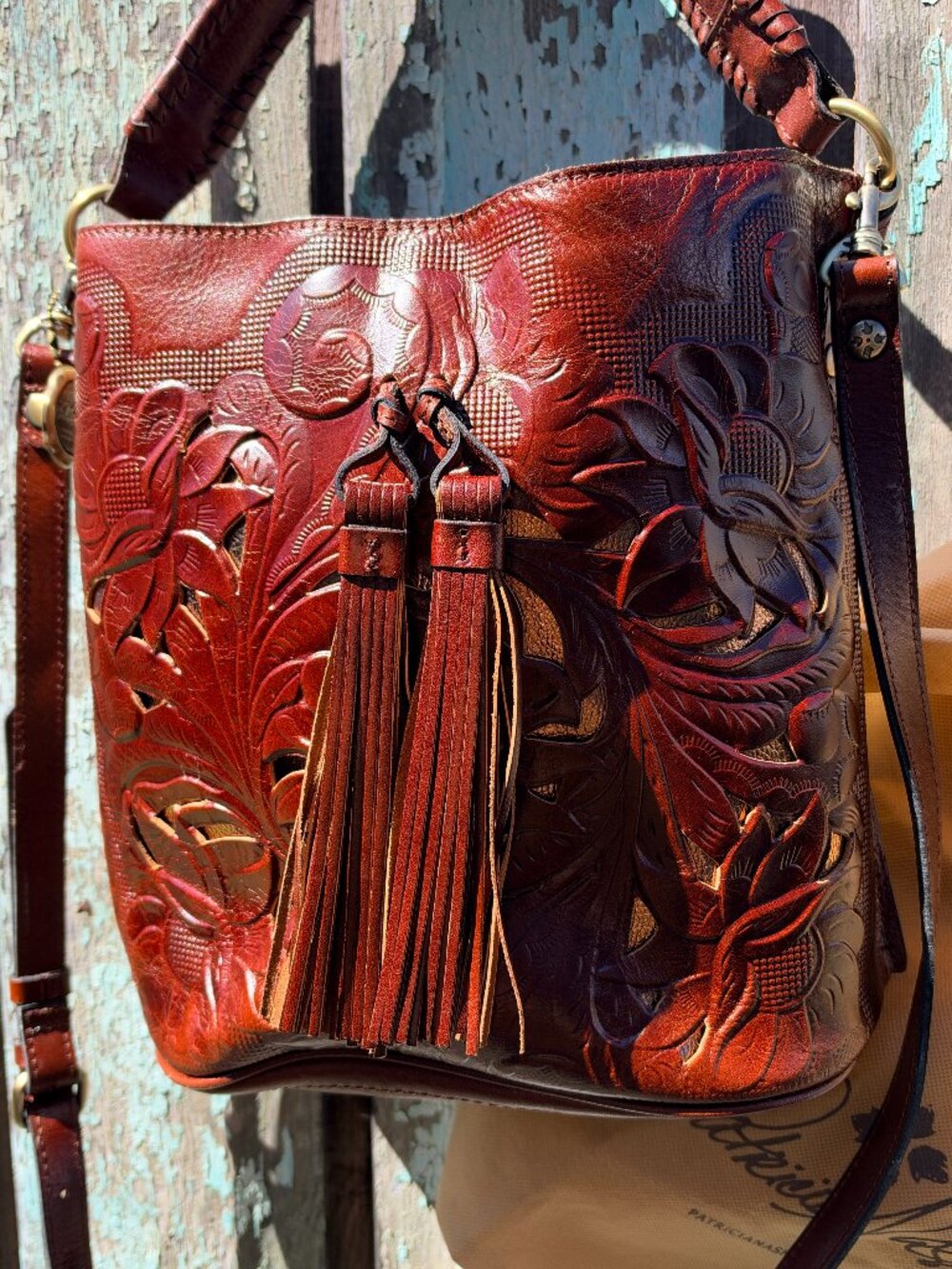 Patricia Nash Tooled Brown and Gold Leather Bucket Bag 10th Anniversary